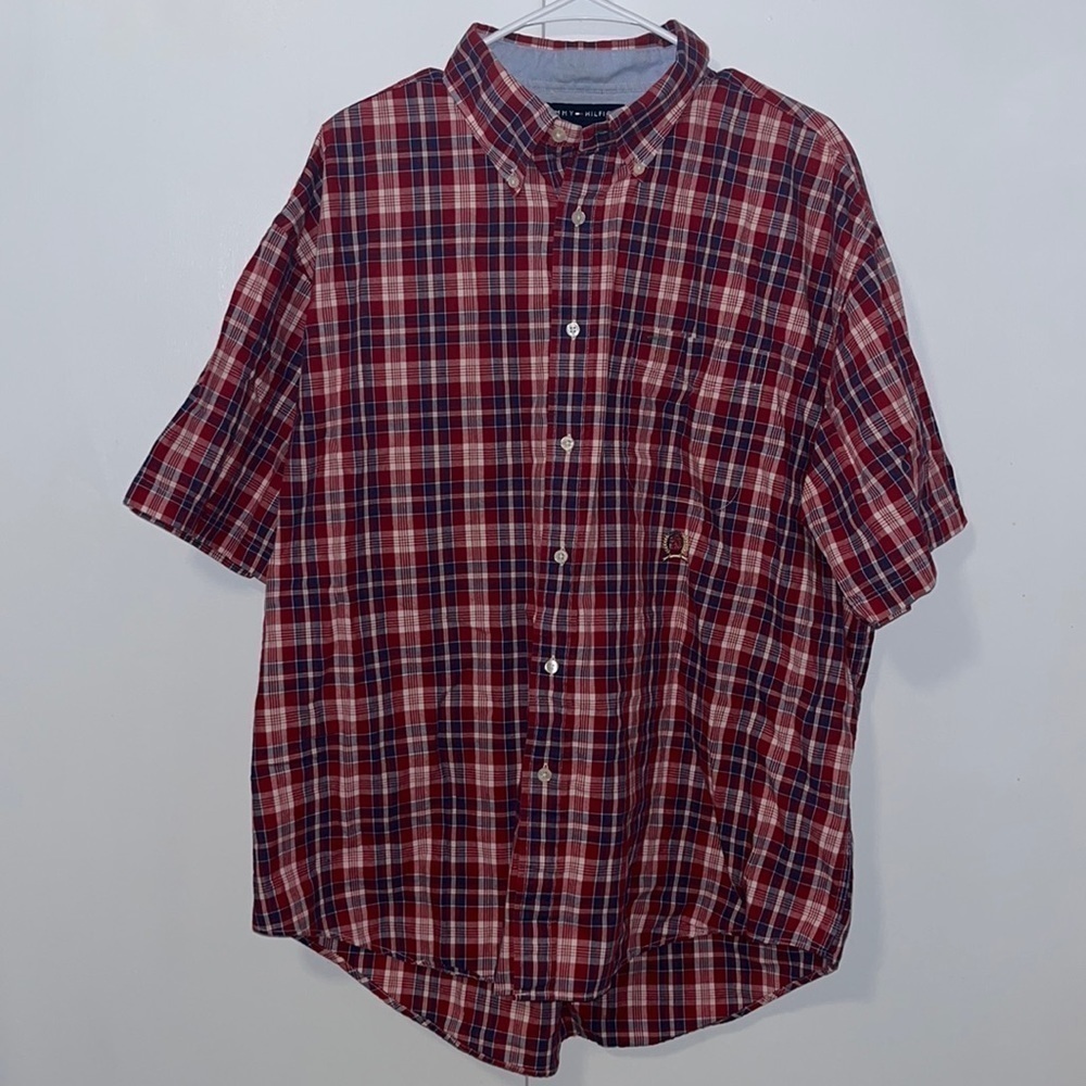 Tommy Hilfiger Red Blue Plaid Button Down Shirt Short Sleeve Men’s XL
